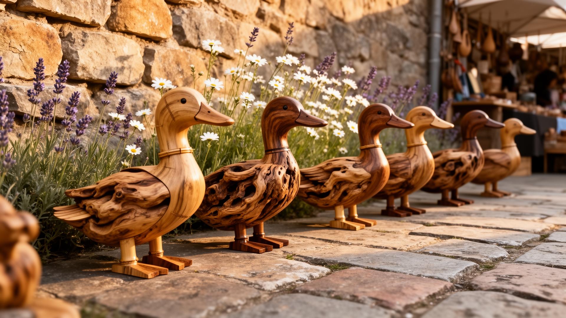 Rangée de canards en bois sculptés à la main devant un mur de pierre fleuri